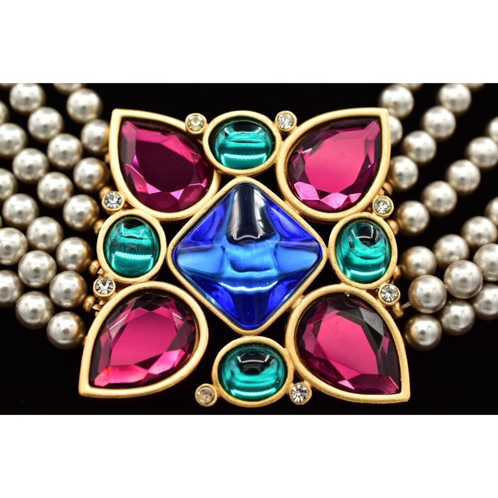 YSL Goosens Vintage Cabochon Necklace Collar Multi-Strand Crystal Signed BinBM - Picture 2 of 16